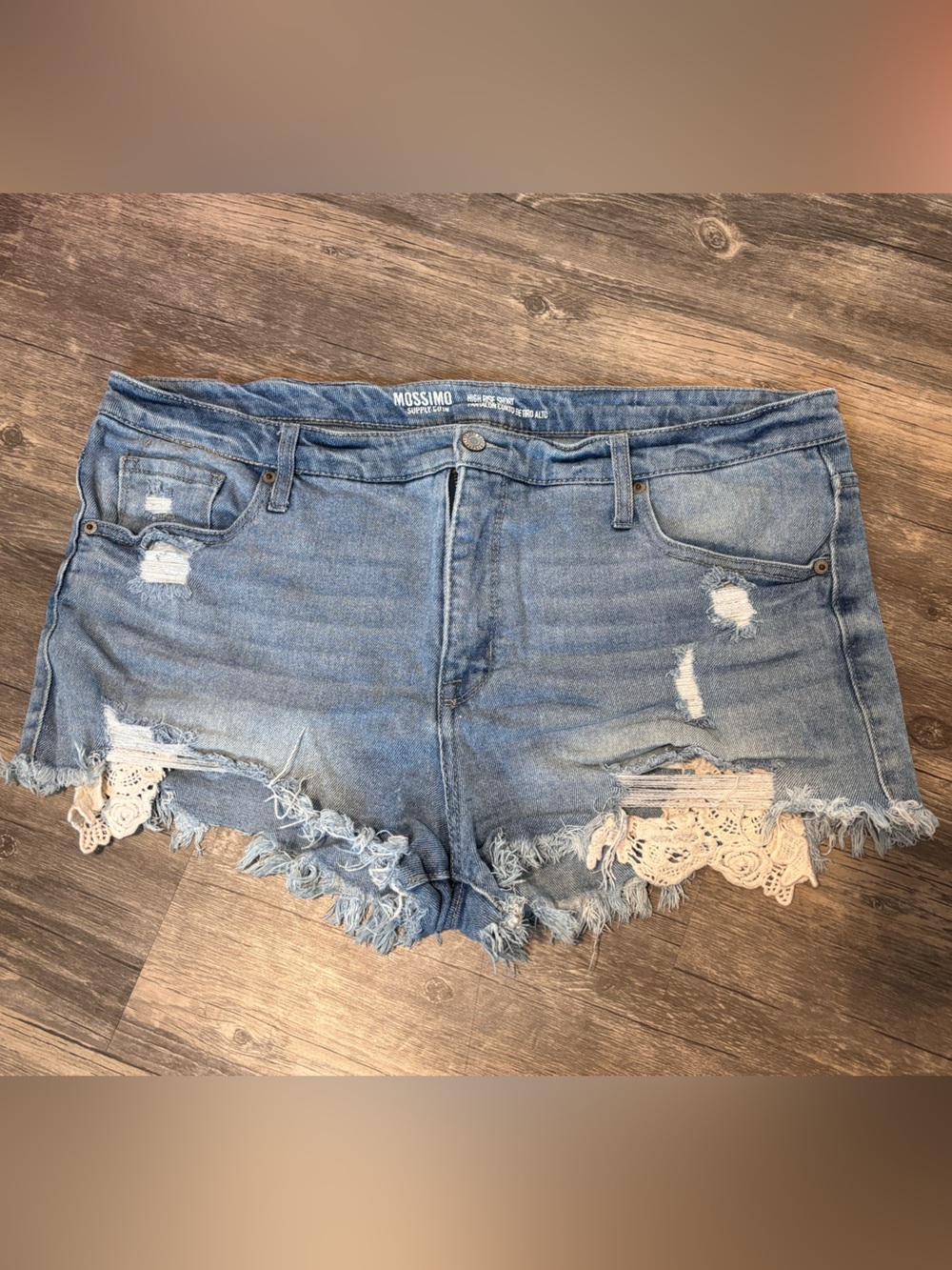 Mossimo Supply Co. Light Wash Distressed Denim Shorts with Lace Accent
